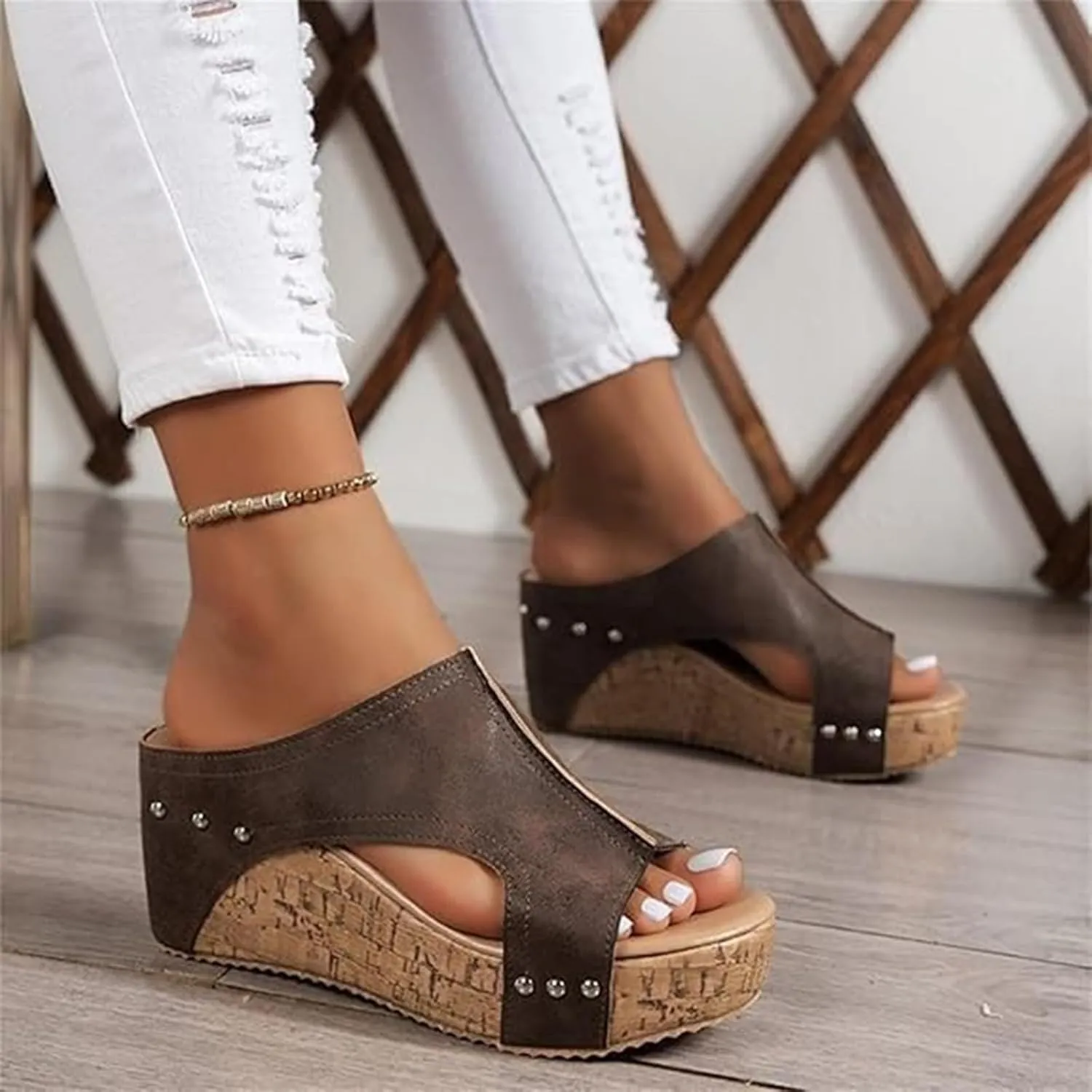 Cork Wedge Sandals for Women, Cork Platform Sandals, Thick Sole Comfy Leather Wedge Non-slip Summer Slippers