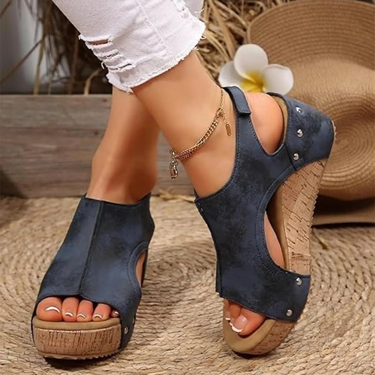 Cork Wedge Sandals for Women, Cork Platform Sandals, Thick Sole Comfy Leather Wedge Non-slip Summer Slippers