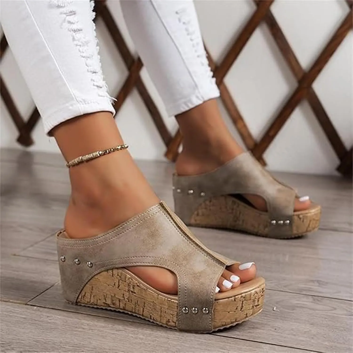 Cork Wedge Sandals for Women, Cork Platform Sandals, Thick Sole Comfy Leather Wedge Non-slip Summer Slippers