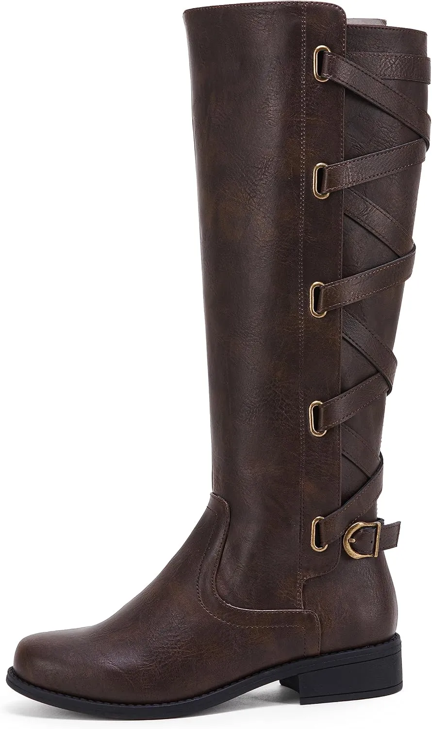 Coutgo Womens Lace Up Knee High Boots Motorcycle Riding Flat Low Heels Strappy Winter Combat Boots