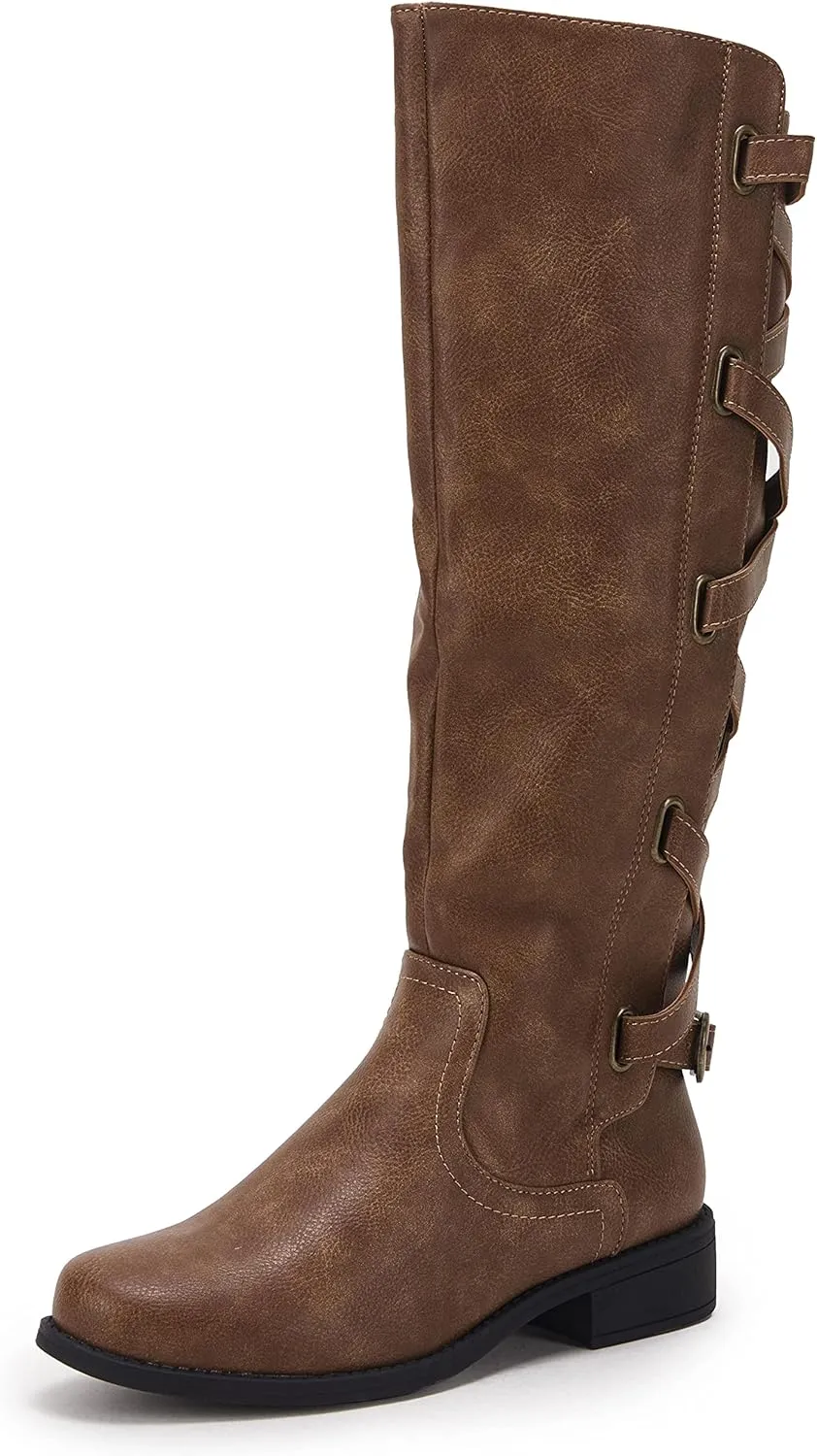 Coutgo Womens Lace Up Knee High Boots Motorcycle Riding Flat Low Heels Strappy Winter Combat Boots