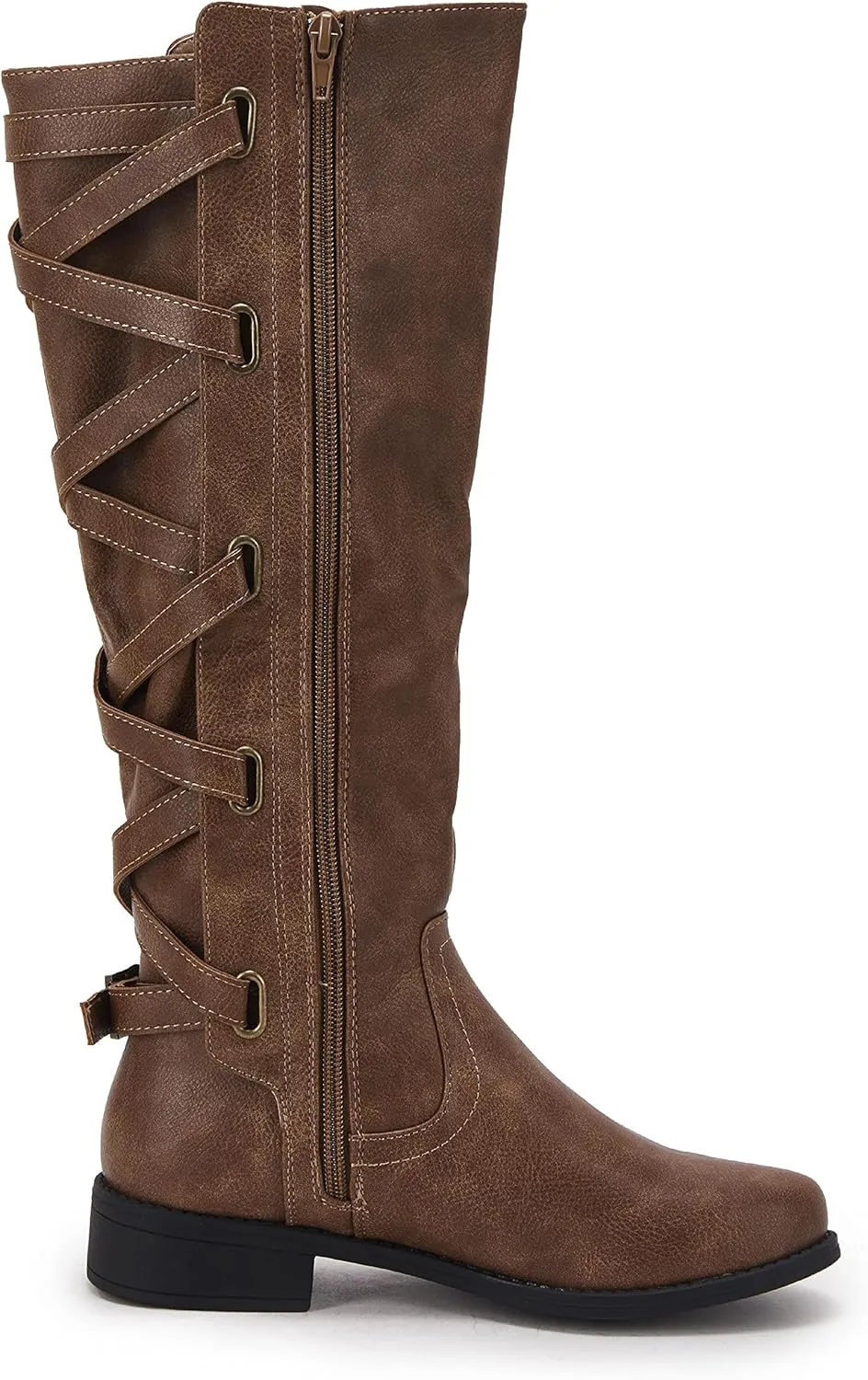 Coutgo Womens Lace Up Knee High Boots Motorcycle Riding Flat Low Heels Strappy Winter Combat Boots