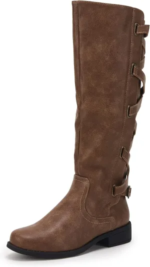 Coutgo Womens Lace Up Knee High Boots Motorcycle Riding Flat Low Heels Strappy Winter Combat Boots