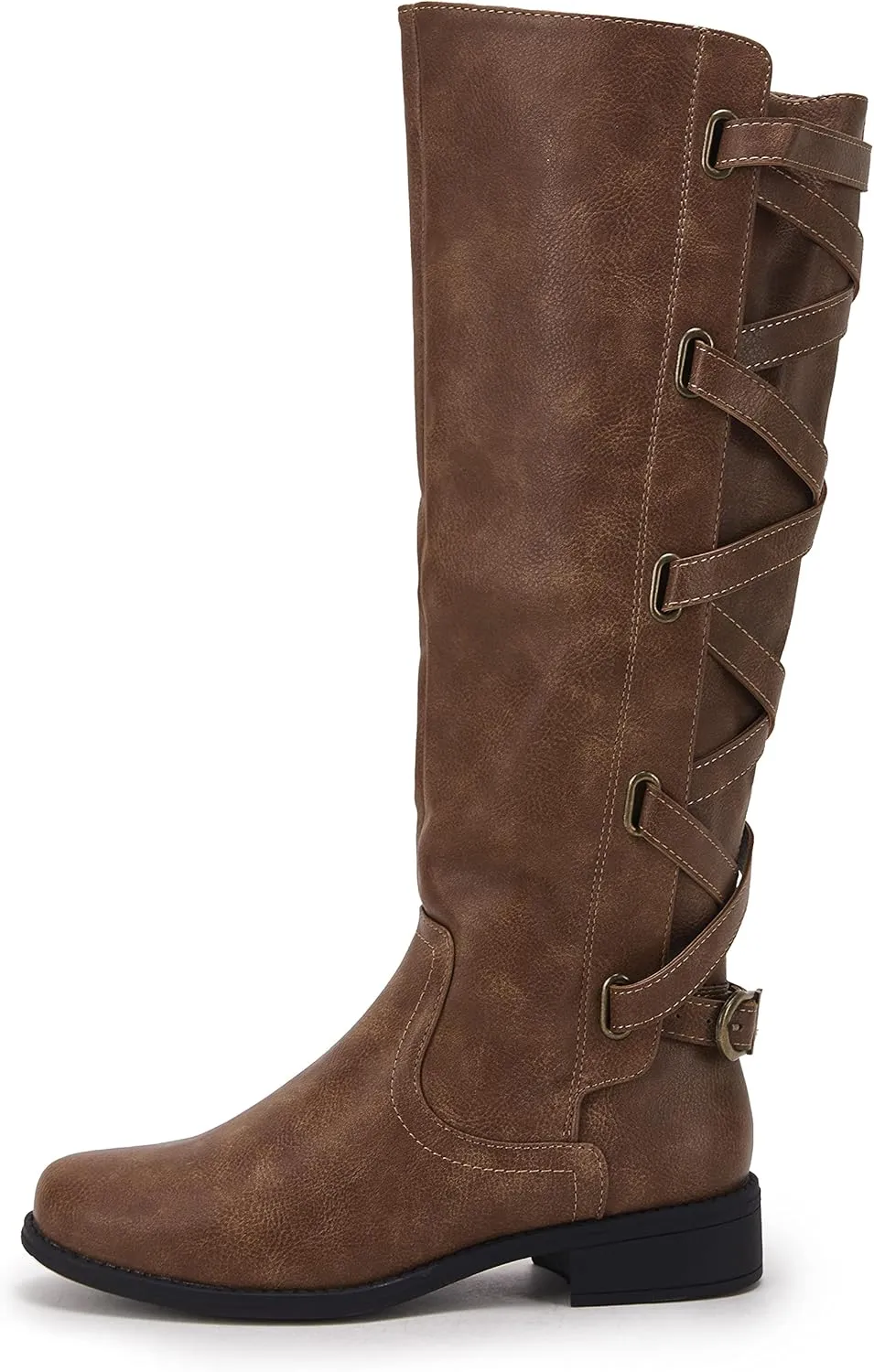 Coutgo Womens Lace Up Knee High Boots Motorcycle Riding Flat Low Heels Strappy Winter Combat Boots