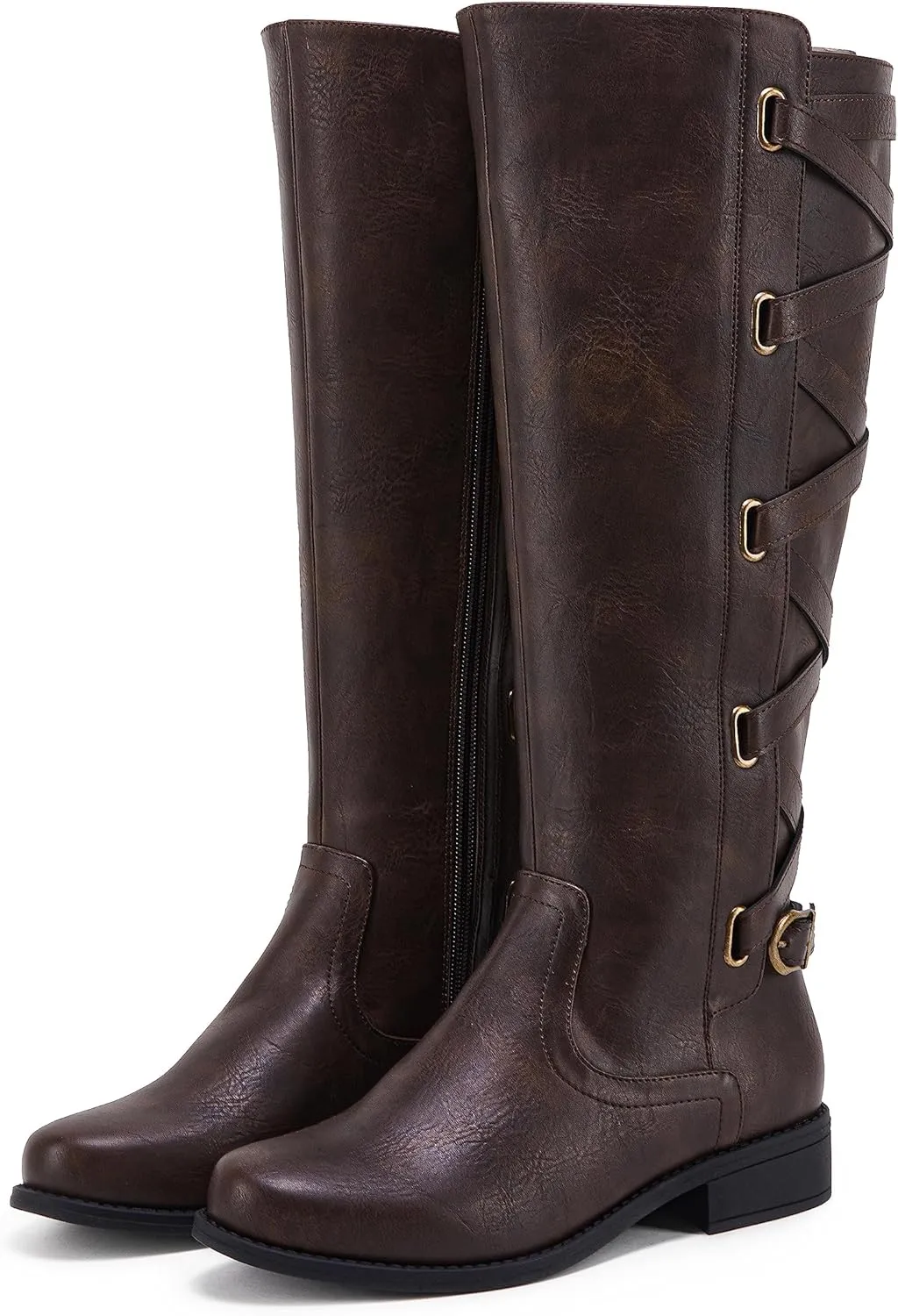 Coutgo Womens Lace Up Knee High Boots Motorcycle Riding Flat Low Heels Strappy Winter Combat Boots