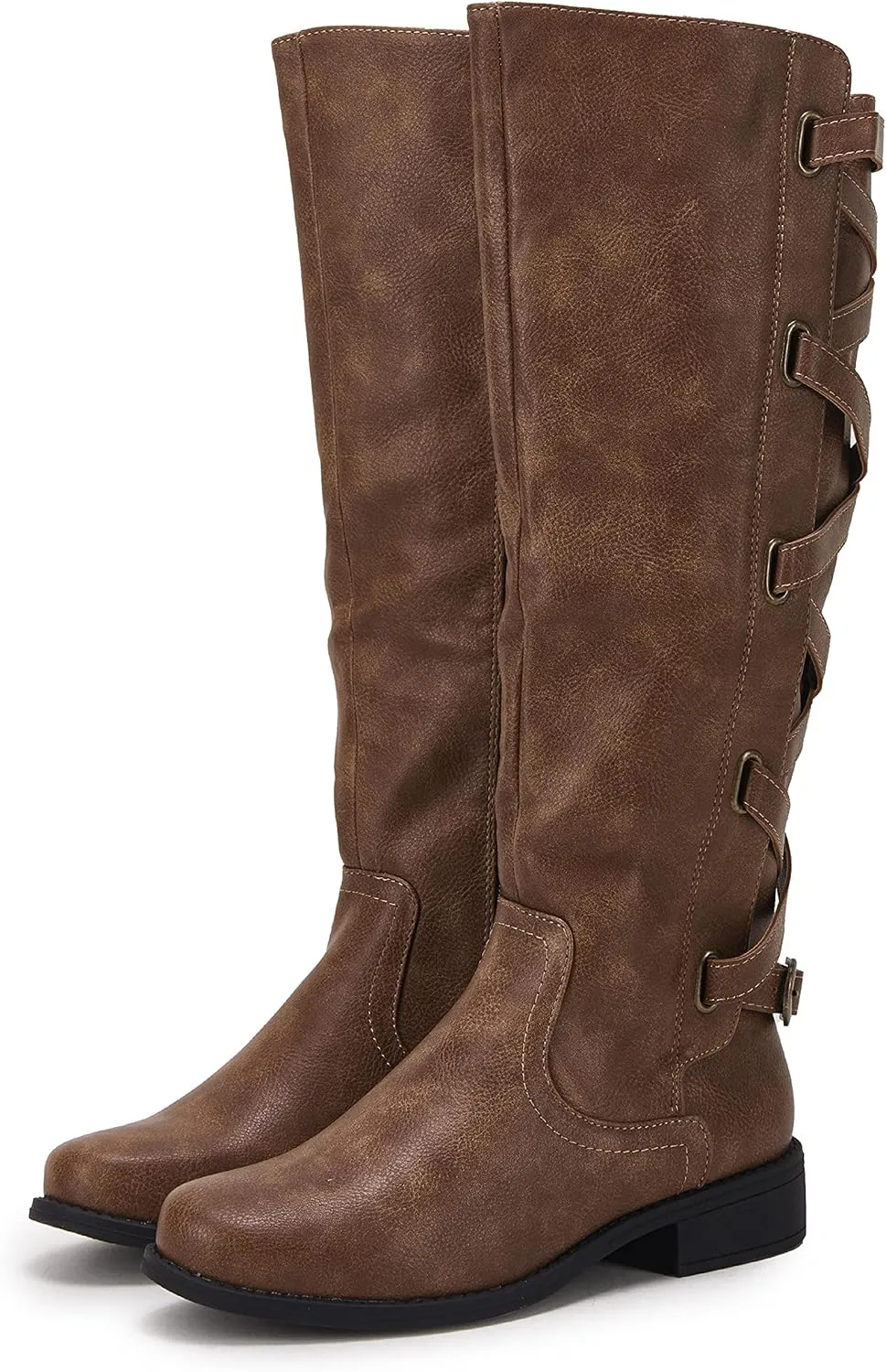Coutgo Womens Lace Up Knee High Boots Motorcycle Riding Flat Low Heels Strappy Winter Combat Boots