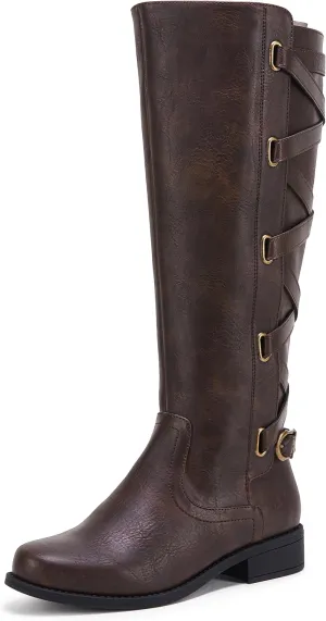 Coutgo Womens Lace Up Knee High Boots Motorcycle Riding Flat Low Heels Strappy Winter Combat Boots