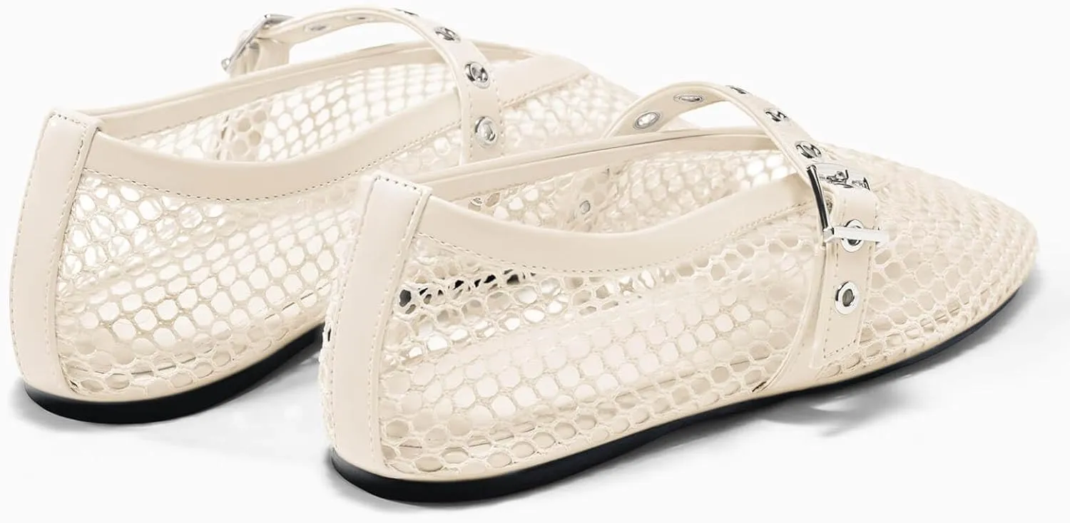 Coutgo Womens Mesh Ballet Flats Mary Jane Fishnet Ballerina Buckle Strap Comfortable Causal Dress Shoes