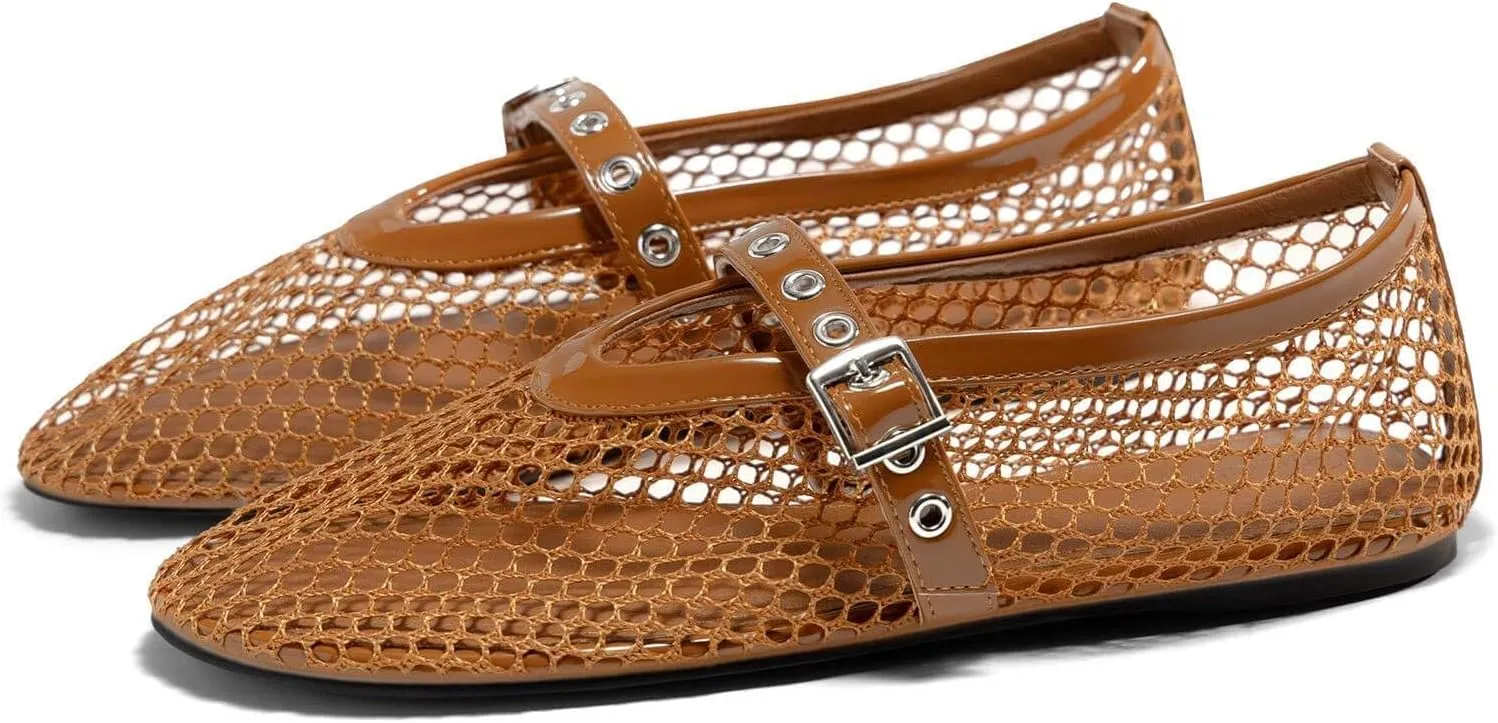 Coutgo Womens Mesh Ballet Flats Mary Jane Fishnet Ballerina Buckle Strap Comfortable Causal Dress Shoes