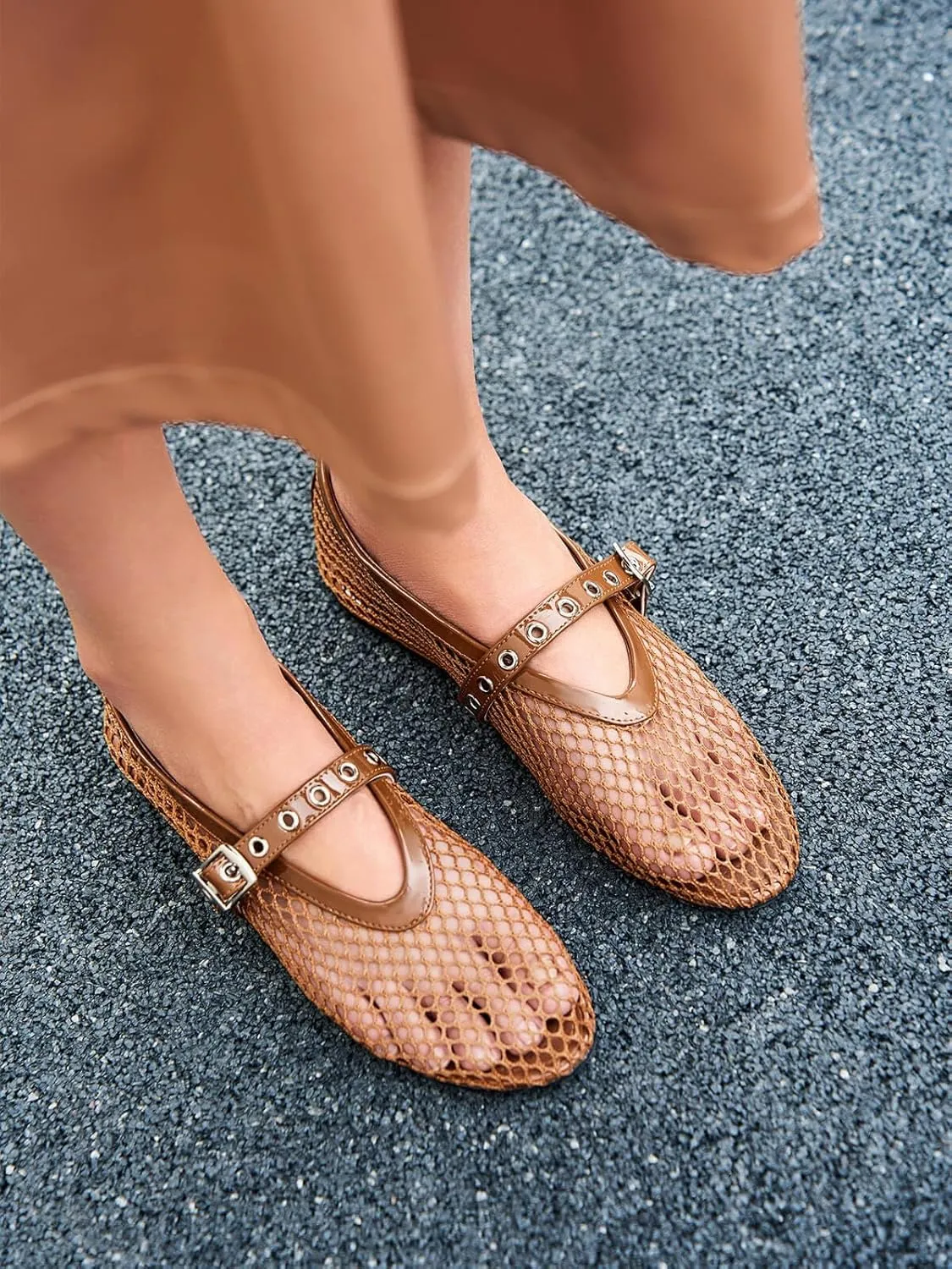 Coutgo Womens Mesh Ballet Flats Mary Jane Fishnet Ballerina Buckle Strap Comfortable Causal Dress Shoes