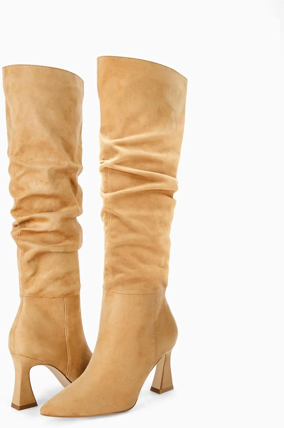 Coutgo Women's Slouchy Knee High Boots Wide Calf Pointed Toe Side Zipper Chunky Heel Long Boots Winter Shoes