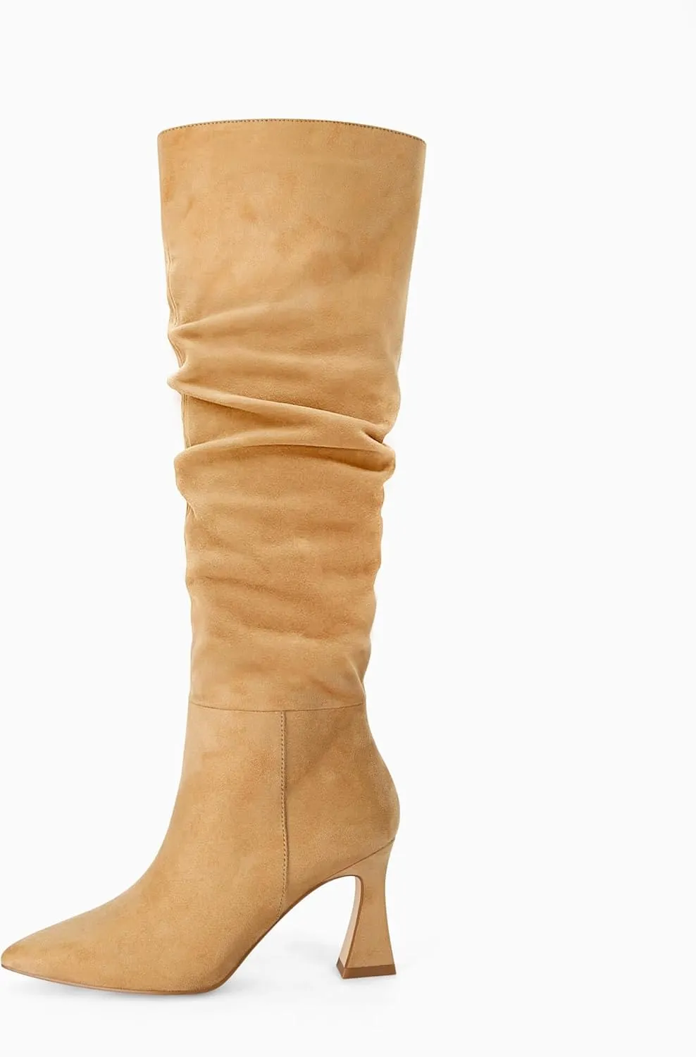 Coutgo Women's Slouchy Knee High Boots Wide Calf Pointed Toe Side Zipper Chunky Heel Long Boots Winter Shoes