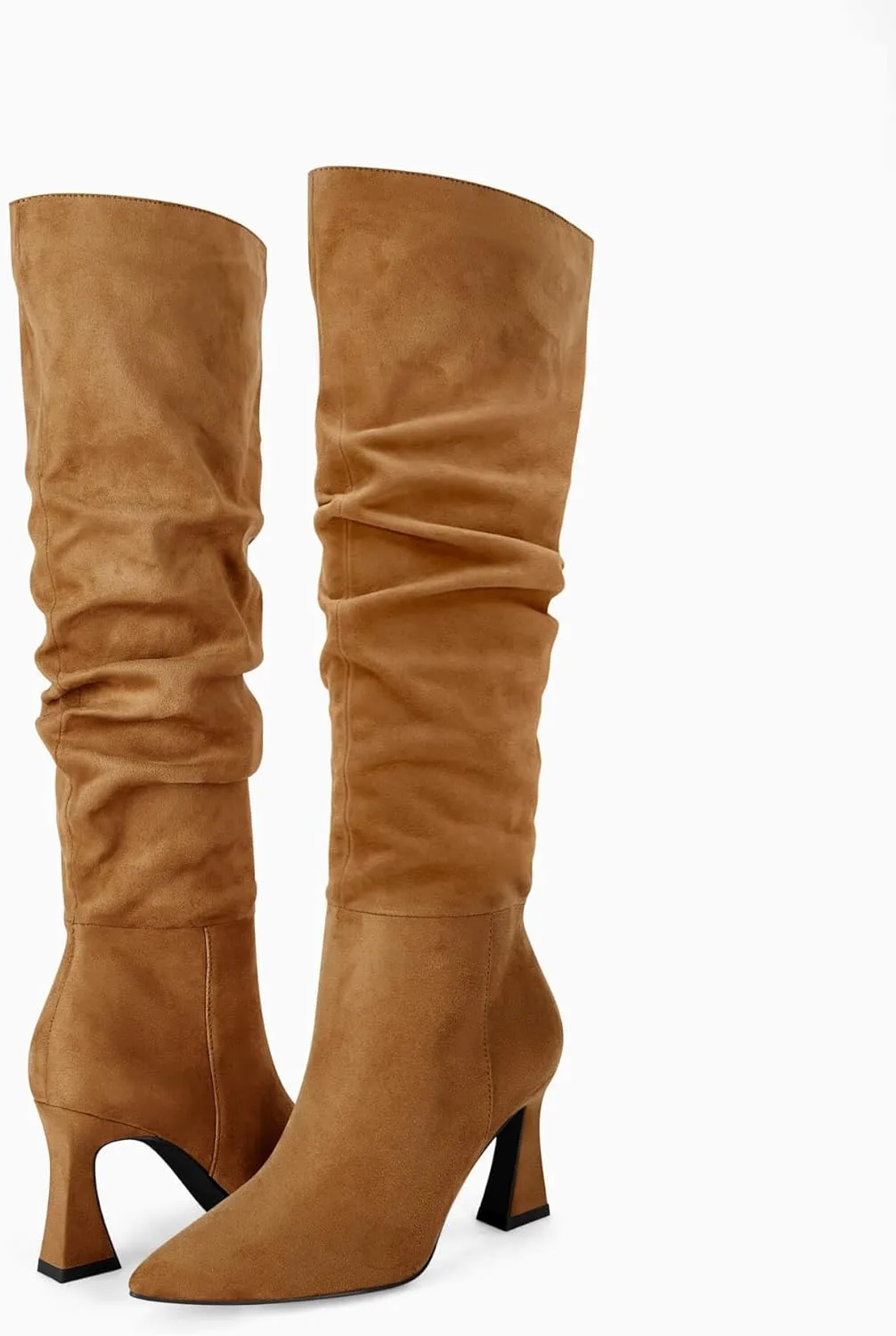 Coutgo Women's Slouchy Knee High Boots Wide Calf Pointed Toe Side Zipper Chunky Heel Long Boots Winter Shoes