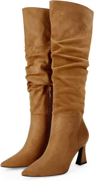 Coutgo Women's Slouchy Knee High Boots Wide Calf Pointed Toe Side Zipper Chunky Heel Long Boots Winter Shoes
