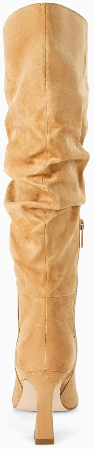Coutgo Women's Slouchy Knee High Boots Wide Calf Pointed Toe Side Zipper Chunky Heel Long Boots Winter Shoes