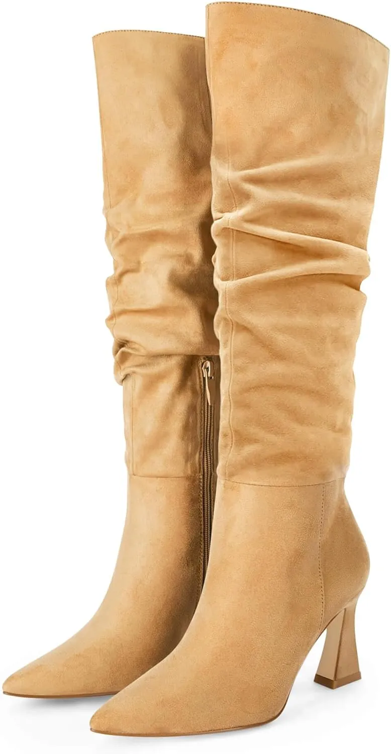Coutgo Women's Slouchy Knee High Boots Wide Calf Pointed Toe Side Zipper Chunky Heel Long Boots Winter Shoes