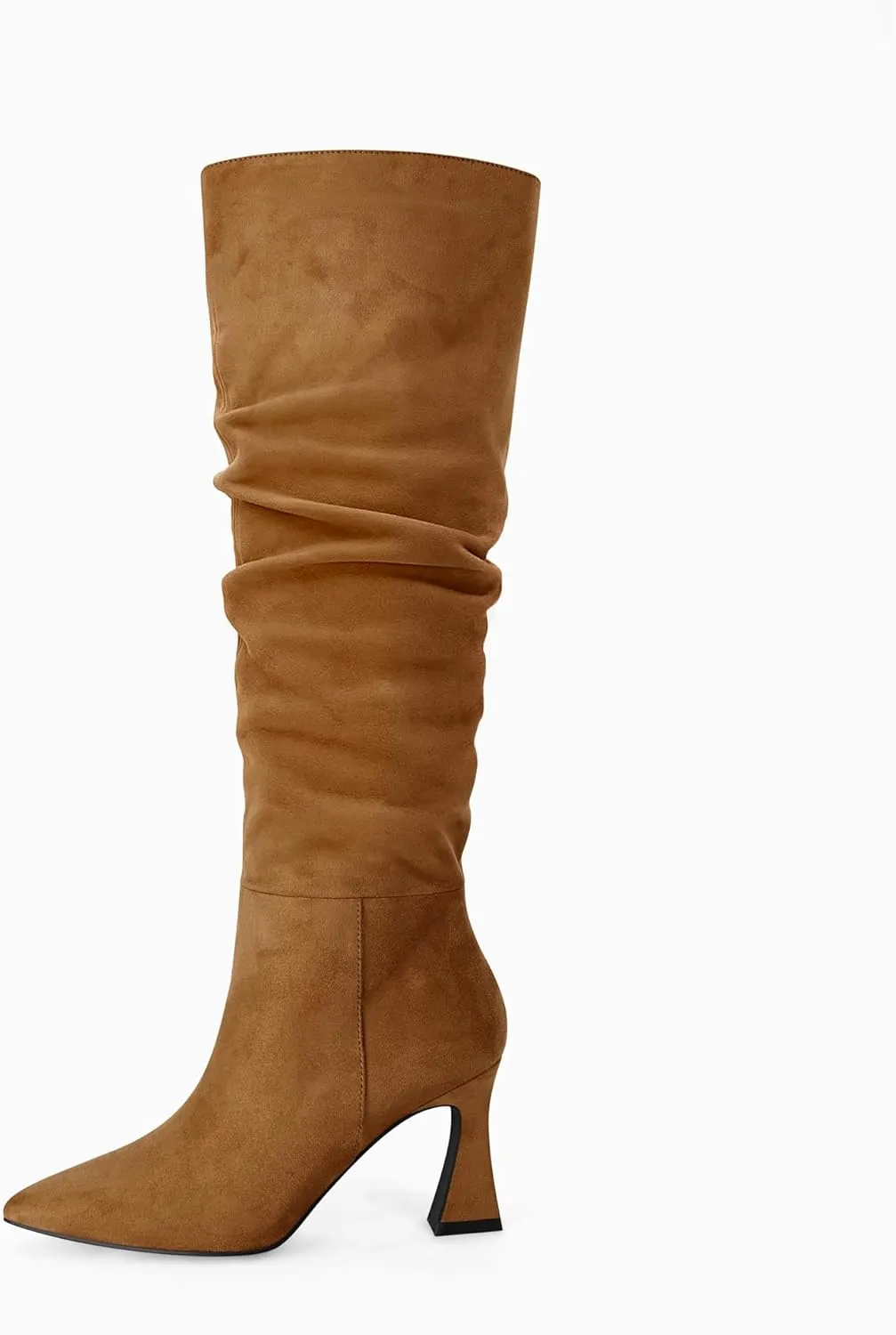Coutgo Women's Slouchy Knee High Boots Wide Calf Pointed Toe Side Zipper Chunky Heel Long Boots Winter Shoes