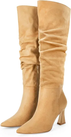 Coutgo Women's Slouchy Knee High Boots Wide Calf Pointed Toe Side Zipper Chunky Heel Long Boots Winter Shoes