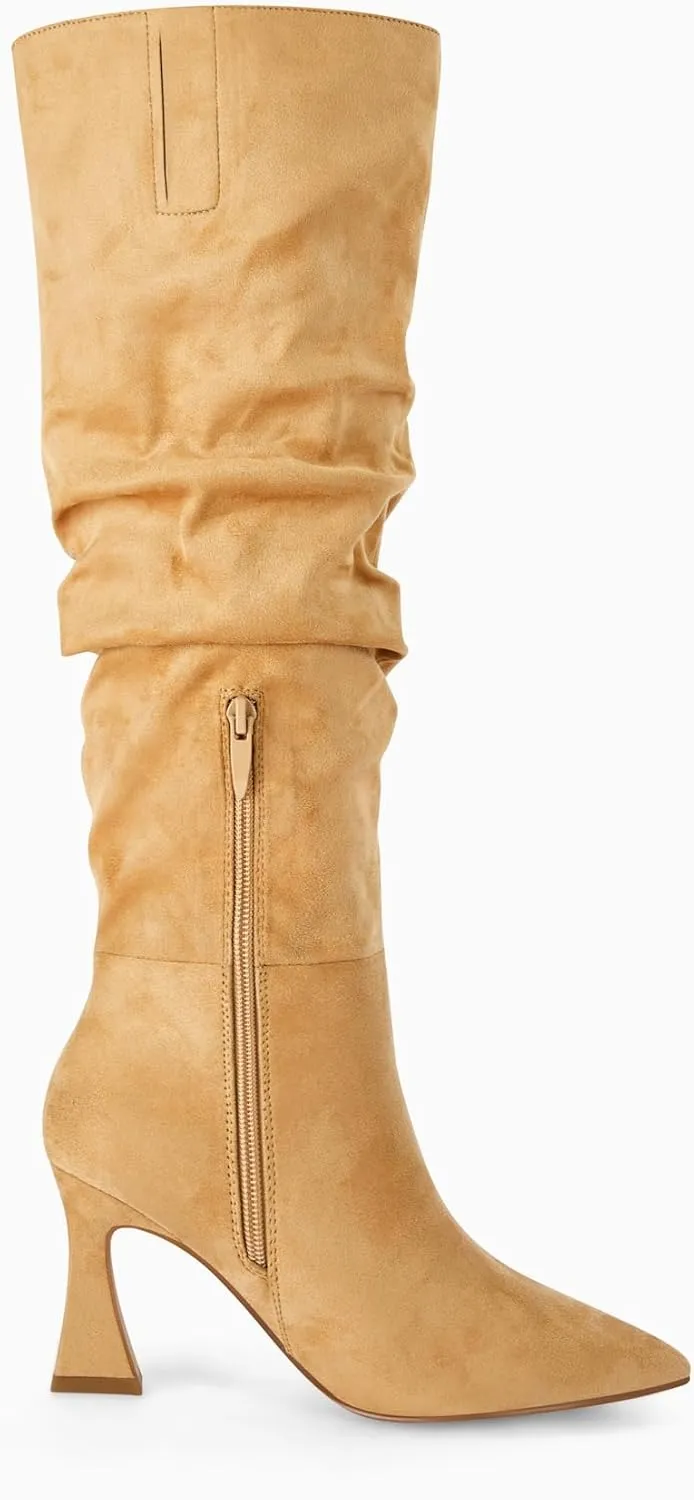 Coutgo Women's Slouchy Knee High Boots Wide Calf Pointed Toe Side Zipper Chunky Heel Long Boots Winter Shoes