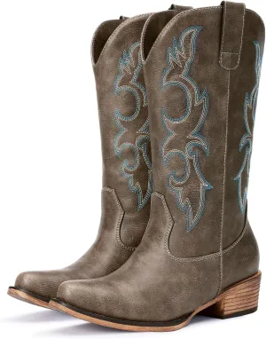 Cowboy Boots for Women - Embroidered Cowgirl Boots Western Mid Calf Fashion Chunky Heel Pointed Toe Country Boot