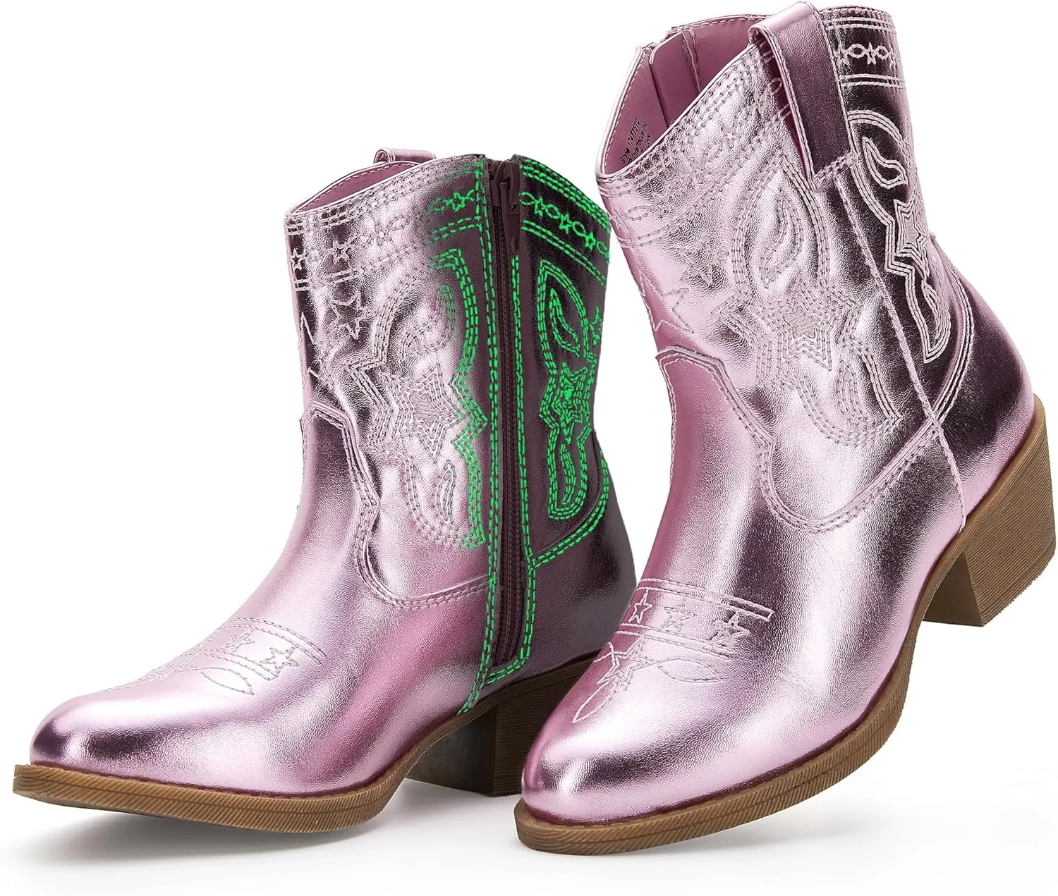 Cowgirl Boots Girls Little Big Kids Cowboy Western Boots Boys Metallic Horse Riding Shoes Short Calf Sparkly Star Embroidered Pointed Round Toe Side Zipper Low Heel Party Birthday Country Pull on
