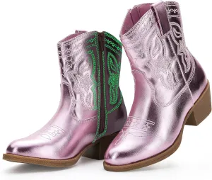 Cowgirl Boots Girls Little Big Kids Cowboy Western Boots Boys Metallic Horse Riding Shoes Short Calf Sparkly Star Embroidered Pointed Round Toe Side Zipper Low Heel Party Birthday Country Pull on