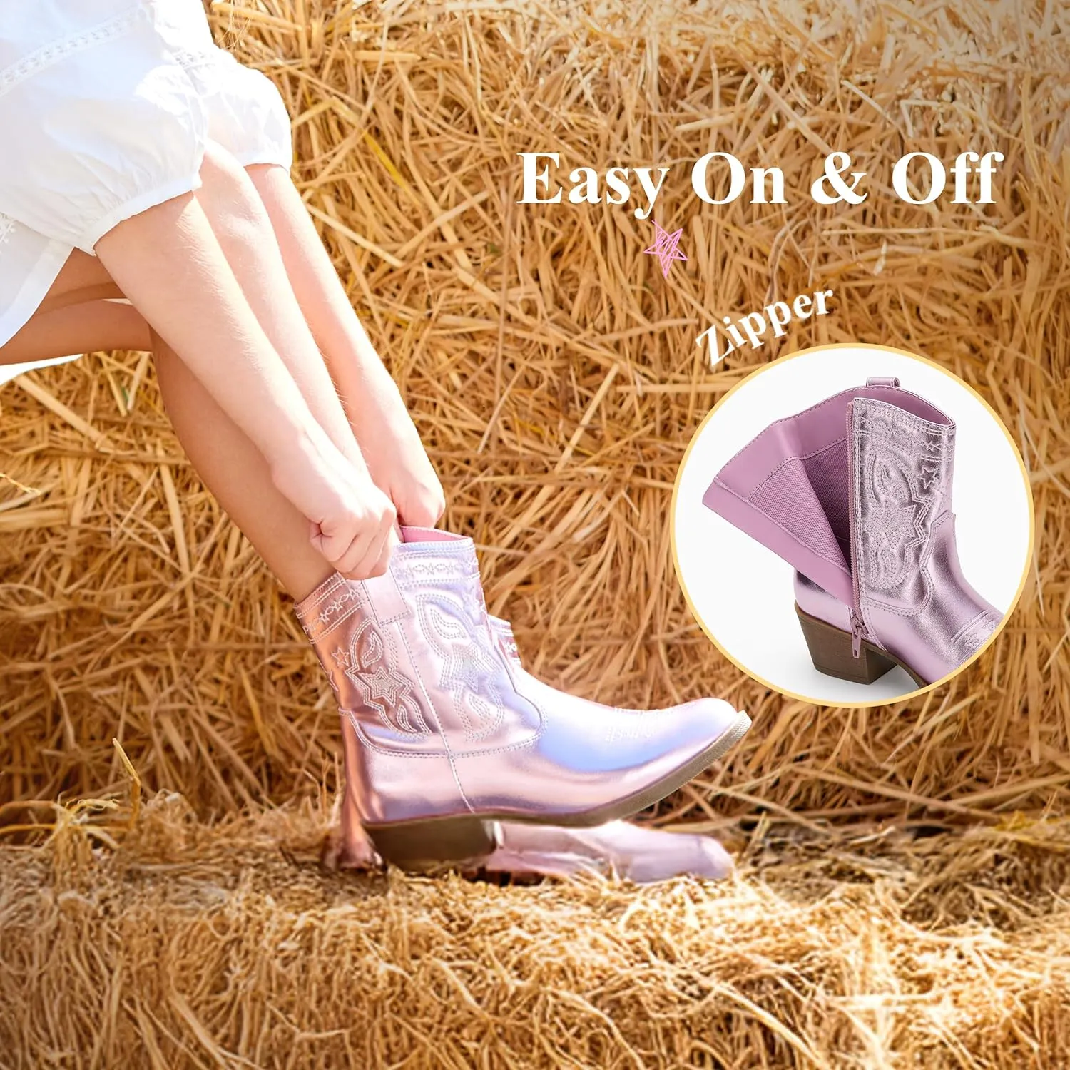 Cowgirl Boots Girls Little Big Kids Cowboy Western Boots Boys Metallic Horse Riding Shoes Short Calf Sparkly Star Embroidered Pointed Round Toe Side Zipper Low Heel Party Birthday Country Pull on