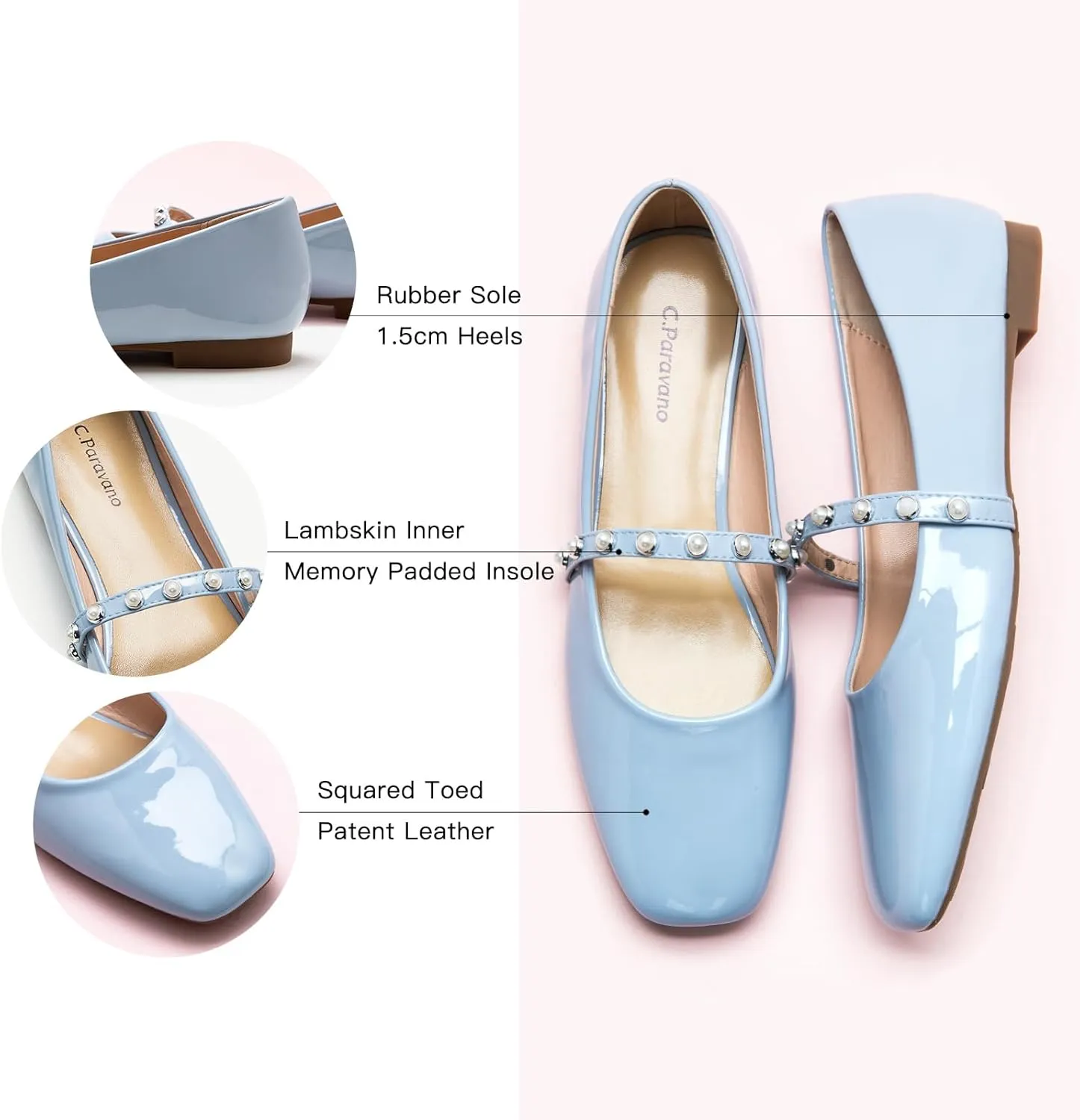 C.Paravano Mary Jane Flats for Women | Square Toe Ballet Flats with Pearl Strap | Comfortable Dress Shoes for Work, Wedding, Party & Daily Wear