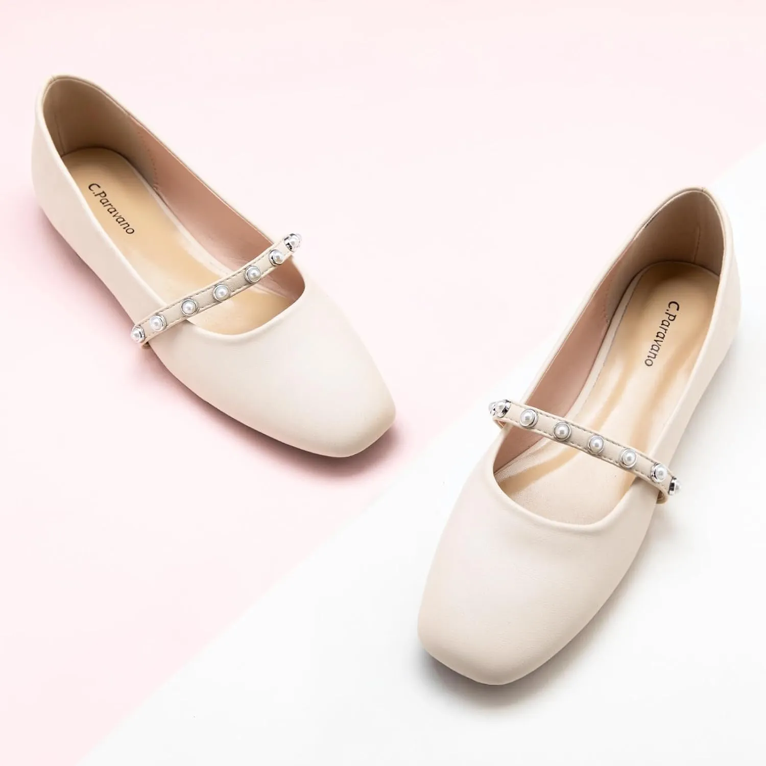 C.Paravano Mary Jane Flats for Women | Square Toe Ballet Flats with Pearl Strap | Comfortable Dress Shoes for Work, Wedding, Party & Daily Wear