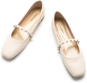 C.Paravano Mary Jane Flats for Women | Square Toe Ballet Flats with Pearl Strap | Comfortable Dress Shoes for Work, Wedding, Party & Daily Wear