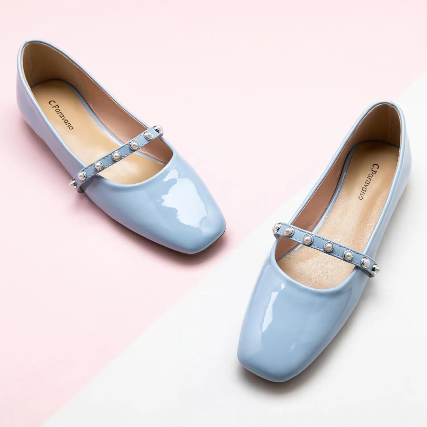 C.Paravano Mary Jane Flats for Women | Square Toe Ballet Flats with Pearl Strap | Comfortable Dress Shoes for Work, Wedding, Party & Daily Wear