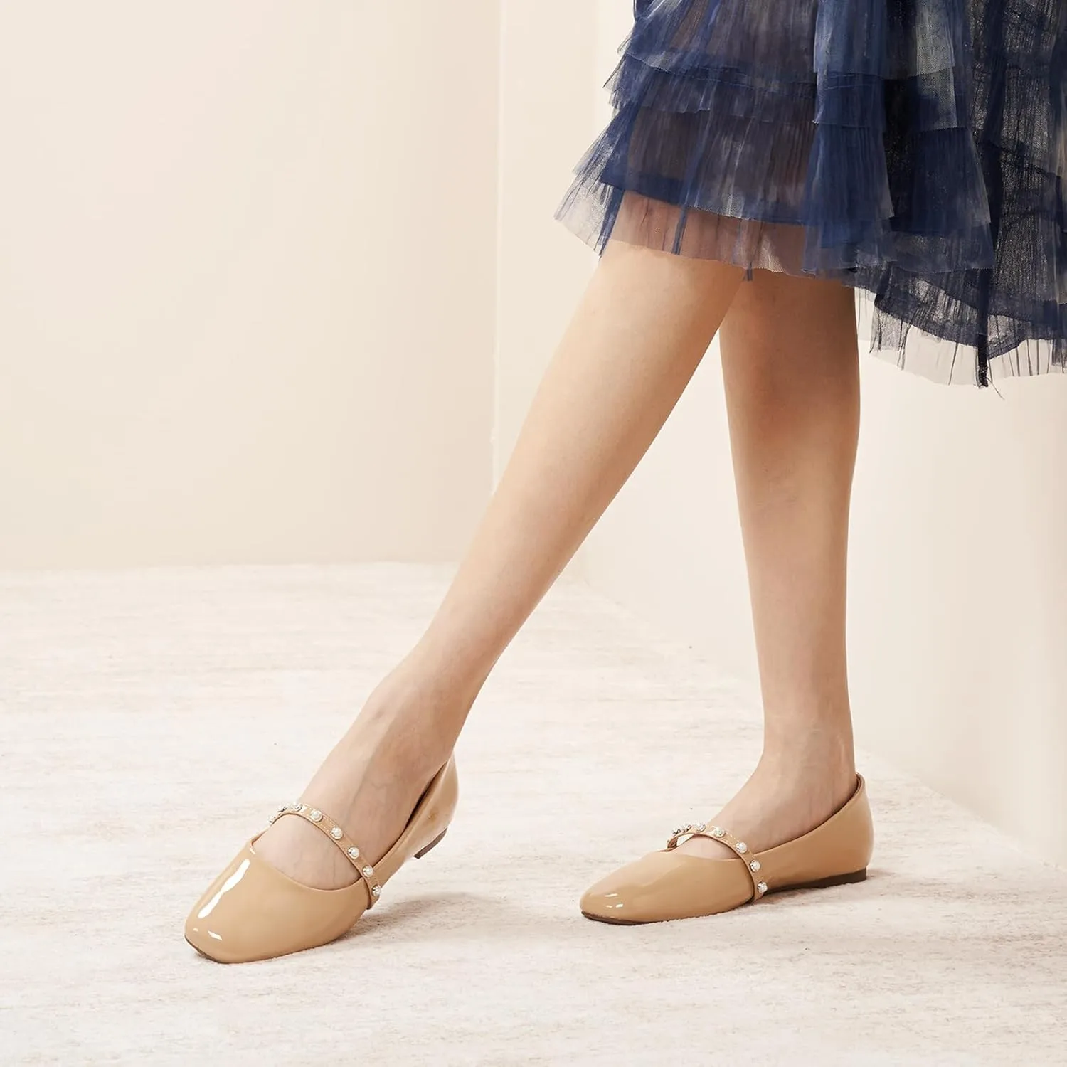 C.Paravano Mary Jane Flats for Women | Square Toe Ballet Flats with Pearl Strap | Comfortable Dress Shoes for Work, Wedding, Party & Daily Wear