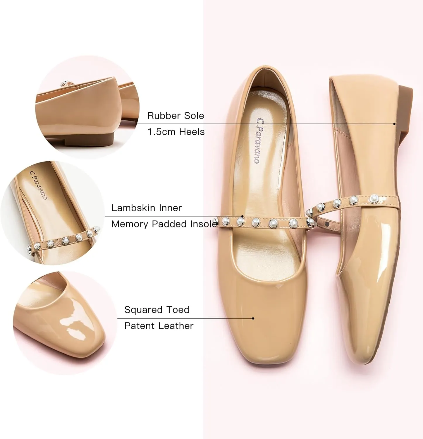 C.Paravano Mary Jane Flats for Women | Square Toe Ballet Flats with Pearl Strap | Comfortable Dress Shoes for Work, Wedding, Party & Daily Wear