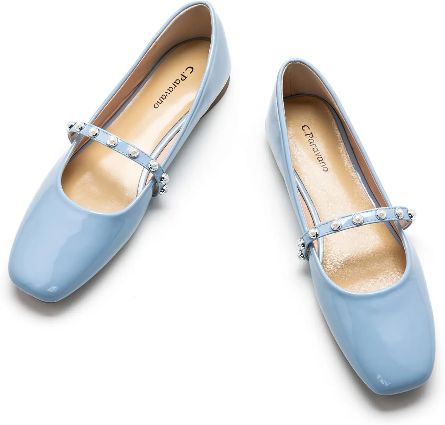 C.Paravano Mary Jane Flats for Women | Square Toe Ballet Flats with Pearl Strap | Comfortable Dress Shoes for Work, Wedding, Party & Daily Wear