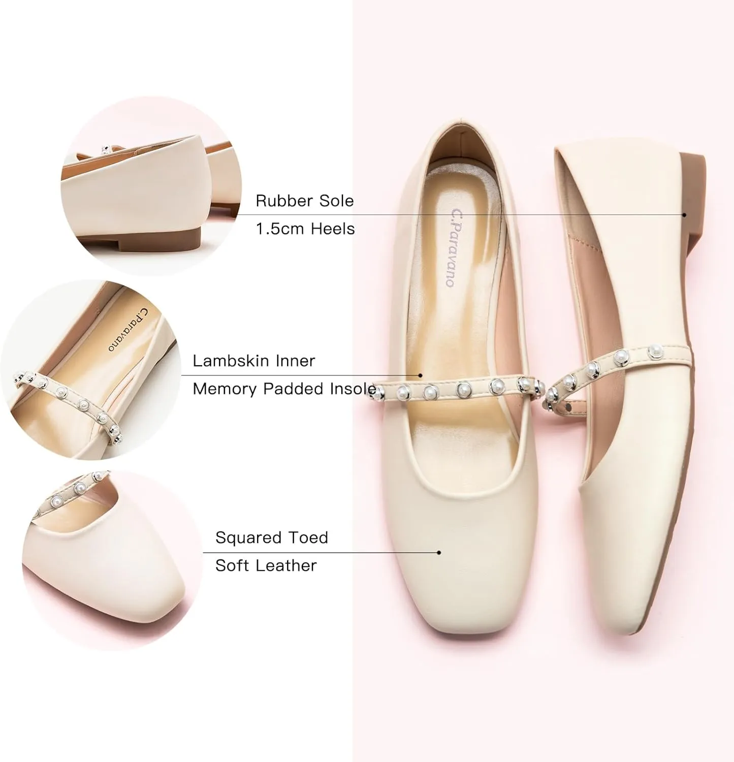 C.Paravano Mary Jane Flats for Women | Square Toe Ballet Flats with Pearl Strap | Comfortable Dress Shoes for Work, Wedding, Party & Daily Wear