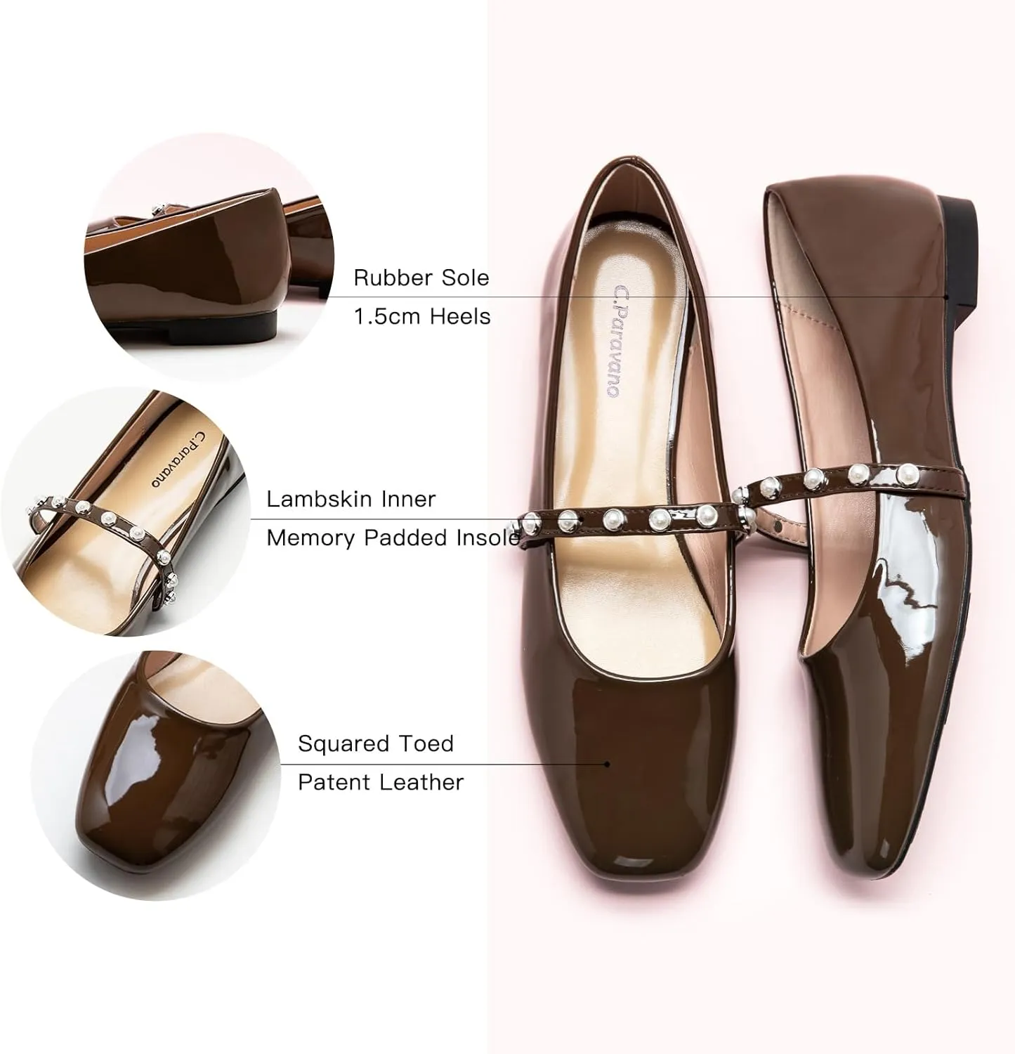 C.Paravano Mary Jane Flats for Women | Square Toe Ballet Flats with Pearl Strap | Comfortable Dress Shoes for Work, Wedding, Party & Daily Wear