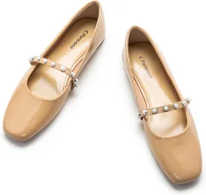C.Paravano Mary Jane Flats for Women | Square Toe Ballet Flats with Pearl Strap | Comfortable Dress Shoes for Work, Wedding, Party & Daily Wear