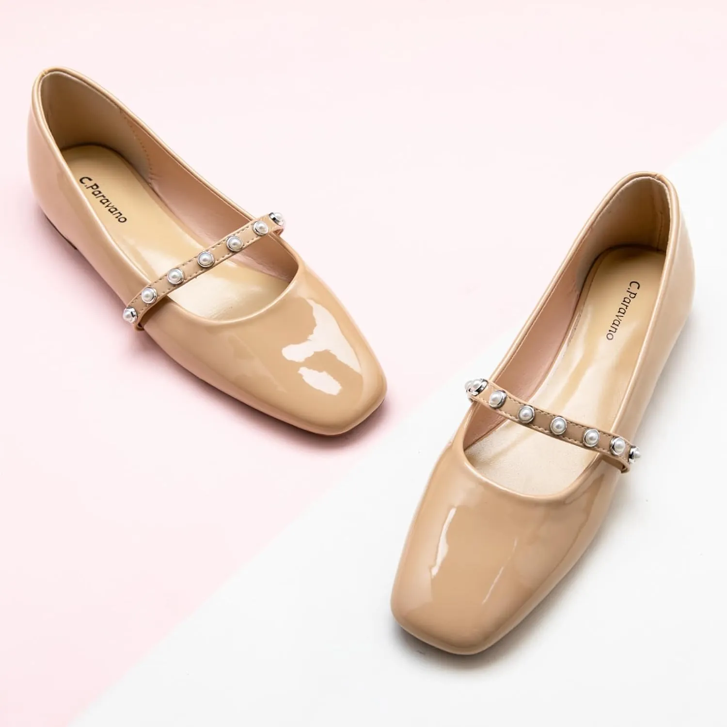 C.Paravano Mary Jane Flats for Women | Square Toe Ballet Flats with Pearl Strap | Comfortable Dress Shoes for Work, Wedding, Party & Daily Wear