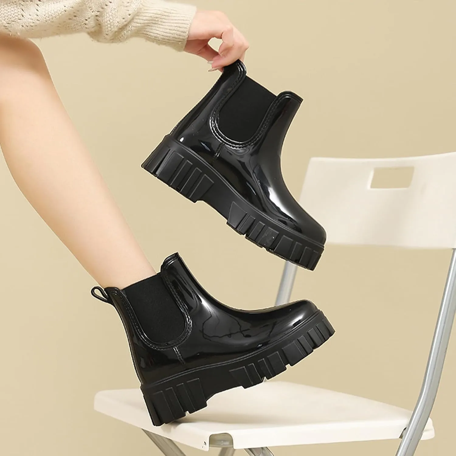 Crepuscute Women's Waterproof Platform High Top Rain Boots - Lightweight Garden Chelsea Ankle Boots With Comfortable Soft Insole for Outdoor