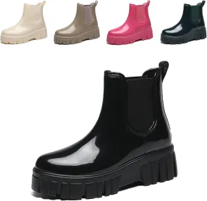 Crepuscute Women's Waterproof Platform High Top Rain Boots - Lightweight Garden Chelsea Ankle Boots With Comfortable Soft Insole for Outdoor