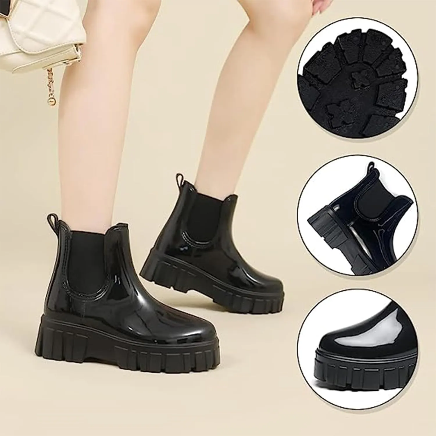 Crepuscute Women's Waterproof Platform High Top Rain Boots - Lightweight Garden Chelsea Ankle Boots With Comfortable Soft Insole for Outdoor
