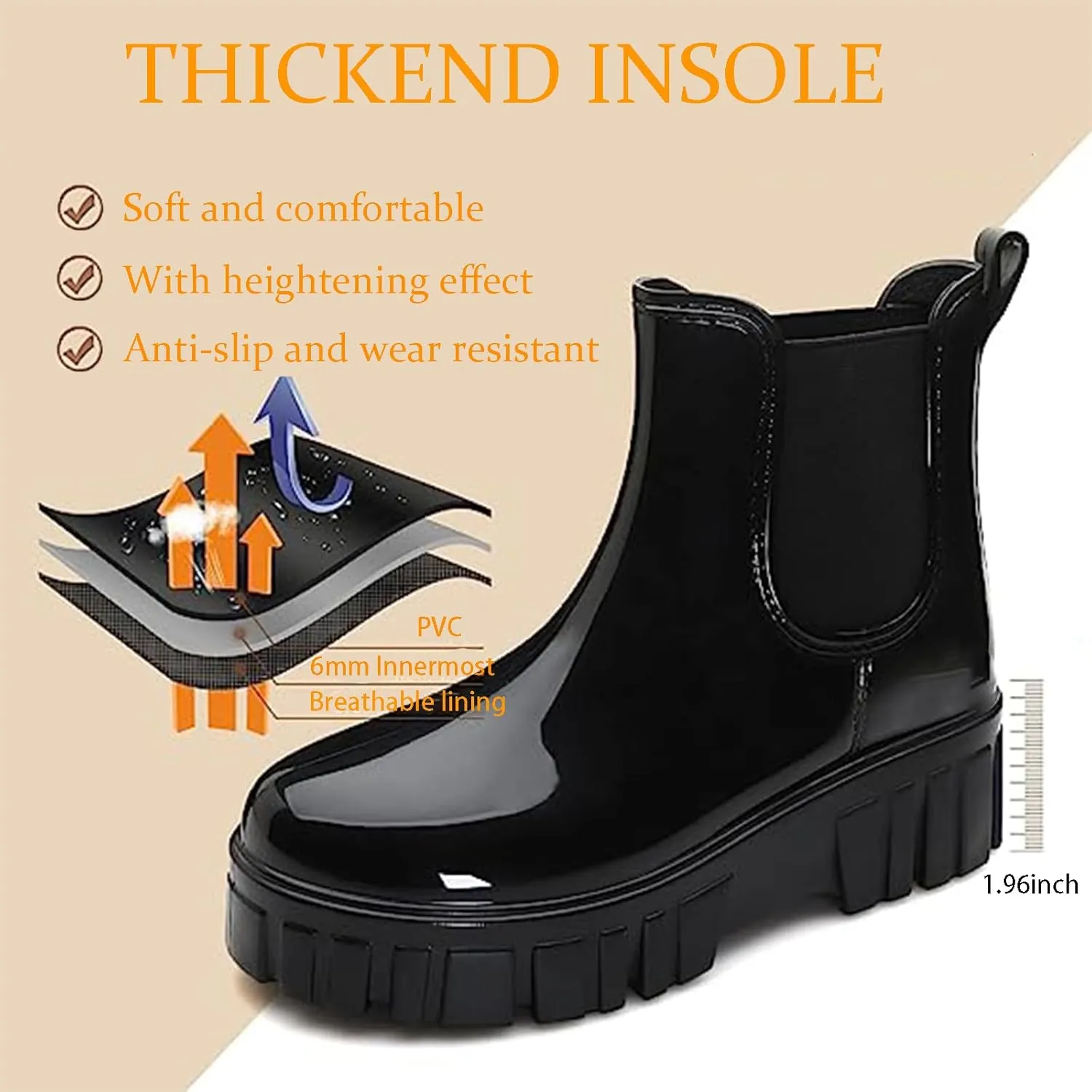 Crepuscute Women's Waterproof Platform High Top Rain Boots - Lightweight Garden Chelsea Ankle Boots With Comfortable Soft Insole for Outdoor