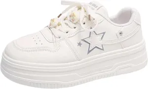 Cute Chunky Sole White Star Shoes Platform Casual Walking Sneakers for Women - Fashion Slip on Sneakers Lace up Aesthetic Shoes Cute Cat Shoelace Kitten Charm
