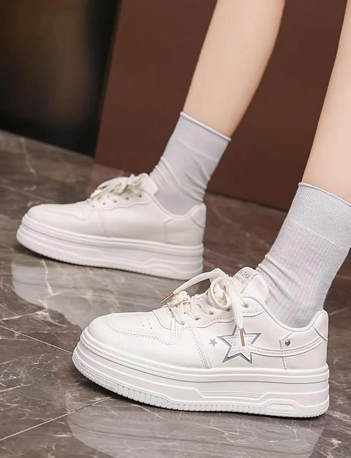 Cute Chunky Sole White Star Shoes Platform Casual Walking Sneakers for Women - Fashion Slip on Sneakers Lace up Aesthetic Shoes Cute Cat Shoelace Kitten Charm
