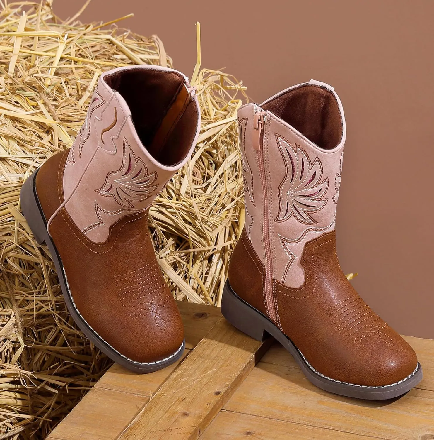 DADAWEN Kids Cowboy Boots for Boys Girls Glitter Embroidered Western Square Toe Cowgirl Boots Mid Calf Riding Shoes (Toddler/Little Kid/Big Kid)