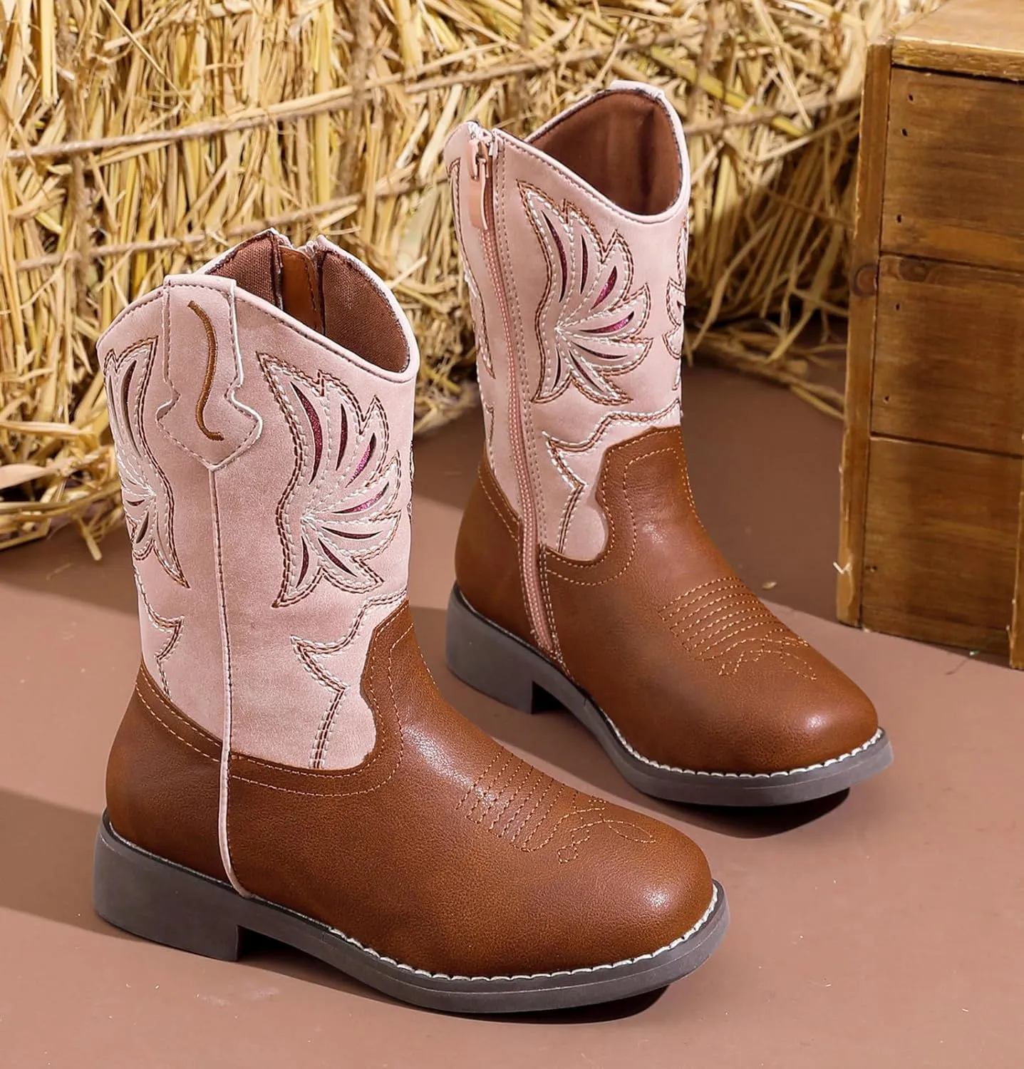 DADAWEN Kids Cowboy Boots for Boys Girls Glitter Embroidered Western Square Toe Cowgirl Boots Mid Calf Riding Shoes (Toddler/Little Kid/Big Kid)