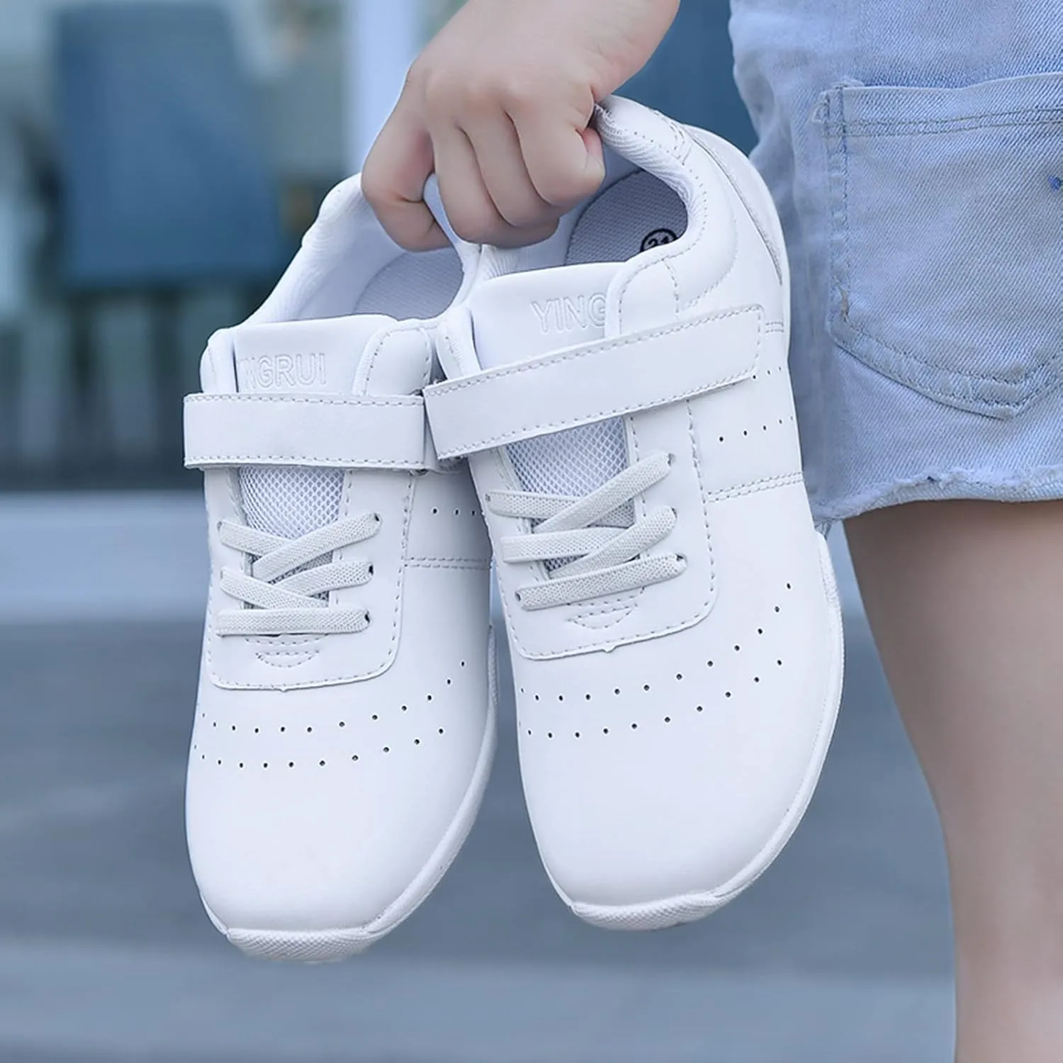 DADAWEN Youth Girls White Cheerleading Shoes Athletic Training Tennis Sneakers Competition Cheer Shoes