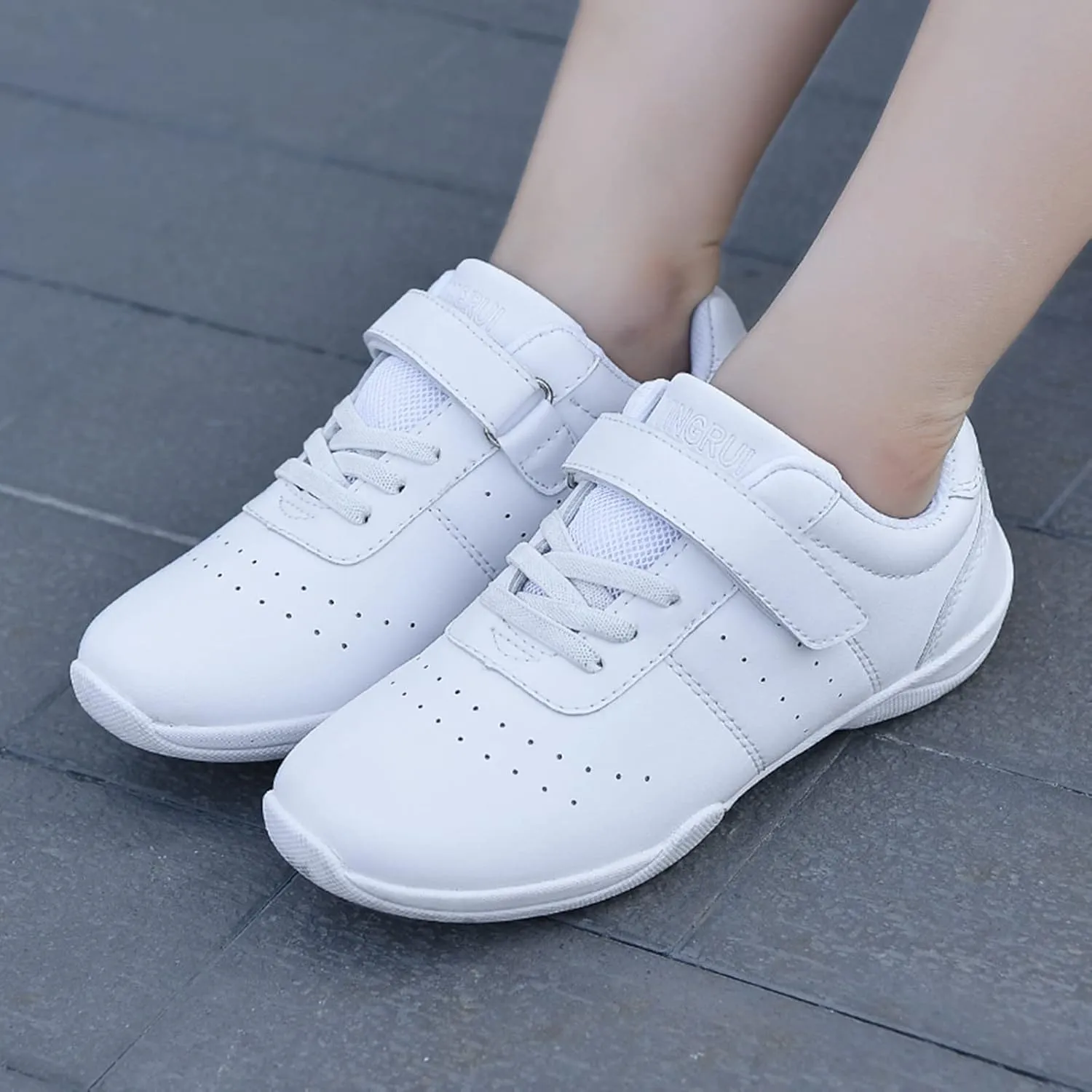 DADAWEN Youth Girls White Cheerleading Shoes Athletic Training Tennis Sneakers Competition Cheer Shoes