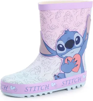 Disney Lilo & Stitch Girls Wellington Boots | Kids Wellys with Stitch Character All Over Print in Purple