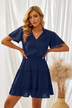 Dokotoo Womens Spring Summer 2025 Short Sleeve Split V Neck Ruffle Chiffon Elegant Mini Short Skirt Dresses